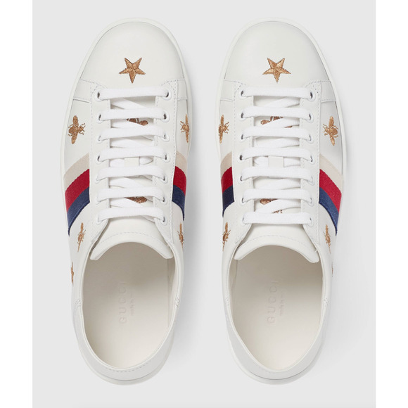 Gucci New Ace White Star Bee Gold GG Logo Flat Low Top Lace Up Tie Sneaker 42 - Picture 6 of 12